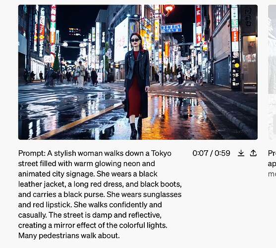 提示词：一位时髦的女士穿行在东京的街头，街道充满了温暖的霓虹灯光和动感的城市标志。她穿着一件黑色皮夹克，一条长红裙和黑色靴子，手拿一个黑色手提包。她戴着太阳镜和红色口红。她走路既自信又随意。街道潮湿且能反射，创造出彩色灯光的镜面效果。许多行人来来往往