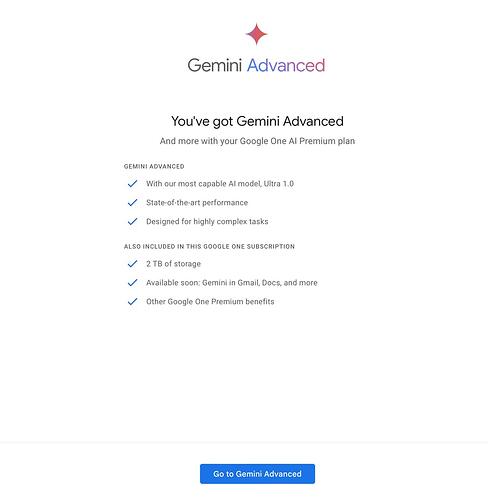Gemini Advanced 订阅成功页面