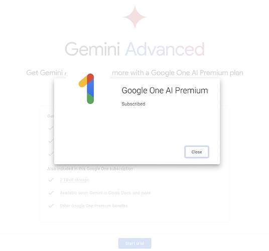 Google One AI Premium 成功订阅提示