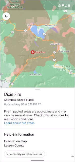 Google 地图中的野火层可在紧急情况下为人们提供重要的最新信息。